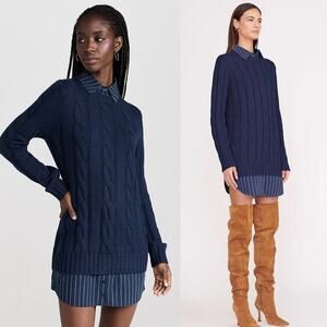 STAUD Navy Cable Knit Mini Dress with Striped Collar